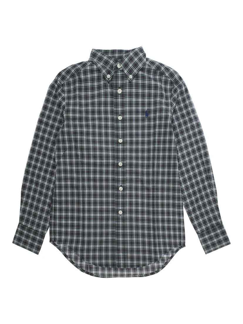 Green Shirt with Pony Embroidery on the Front and All-Over Check Motif in Cotton Boy