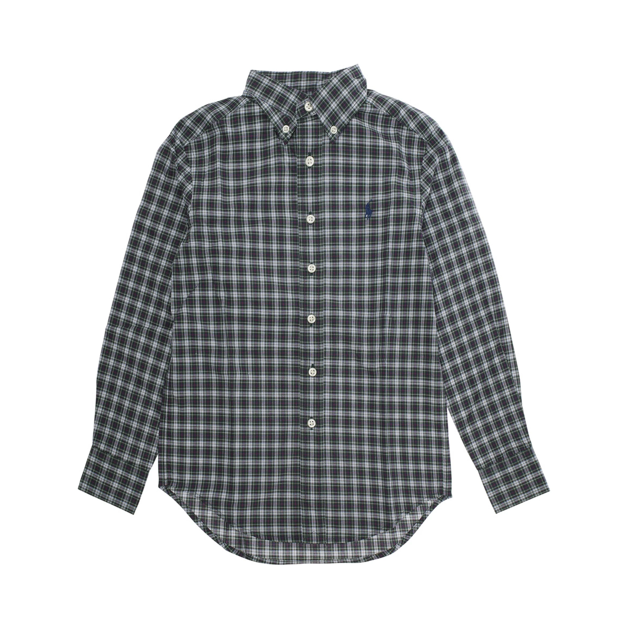 Green Shirt with Pony Embroidery on the Front and All-Over Check Motif in Cotton Boy