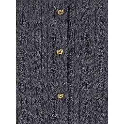 Grey Crewneck Cardigan with Knot Buttons Closure and Ribbed Knit in Wool Woman