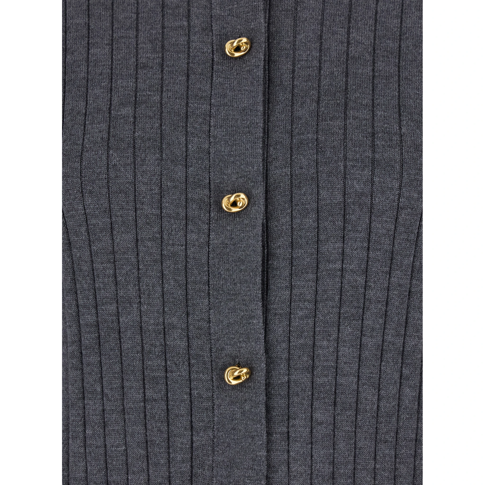 Grey Crewneck Cardigan with Knot Buttons Closure and Ribbed Knit in Wool Woman