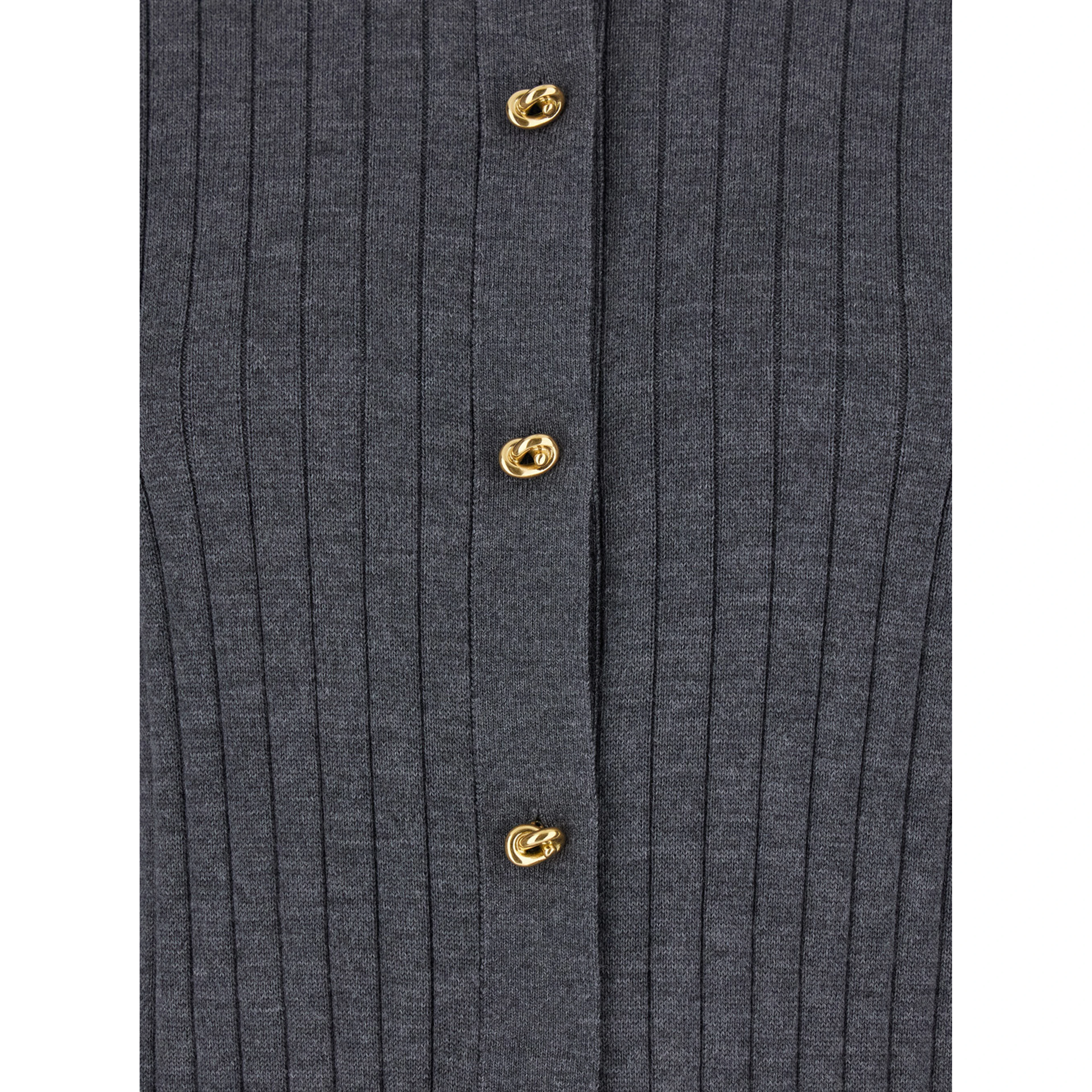 Grey Crewneck Cardigan with Knot Buttons Closure and Ribbed Knit in Wool Woman
