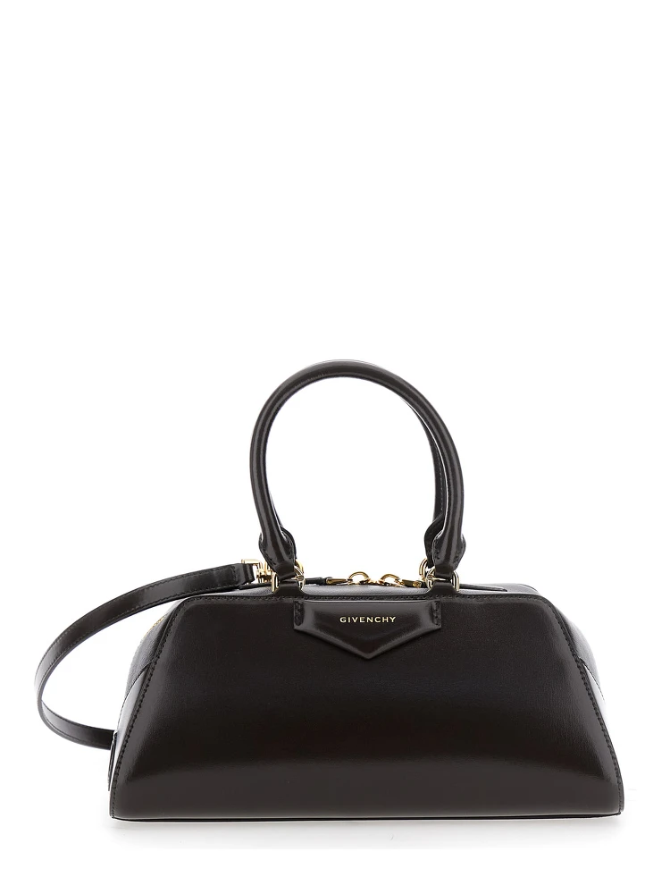 Antigona East West Brown Small Handbag with Adjustable and Removable Shoulder Strap and Logo Lettering on the Front in Leather Woman