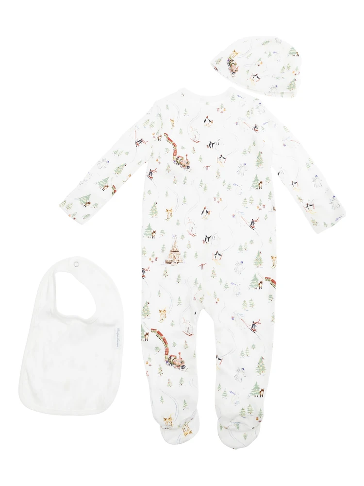 Multicolor  One-Piece with Matching Beanie and Bib with All-Over Polo Bear Print in Cotton Baby