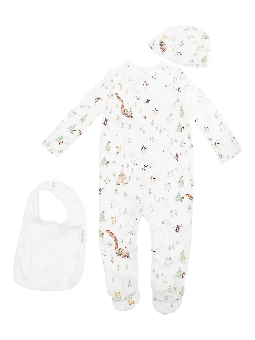 Multicolor  One-Piece with Matching Beanie and Bib with All-Over Polo Bear Print in Cotton Baby