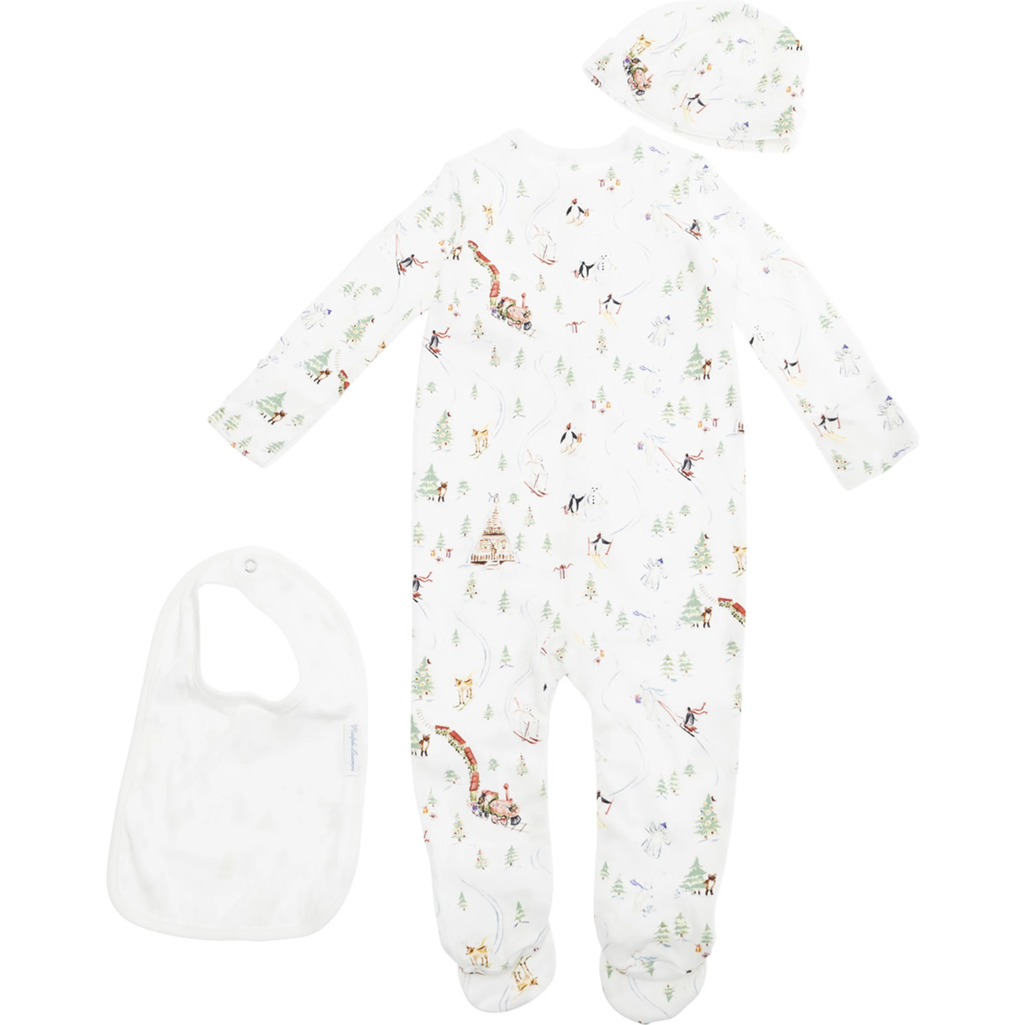 Multicolor  One-Piece with Matching Beanie and Bib with All-Over Polo Bear Print in Cotton Baby