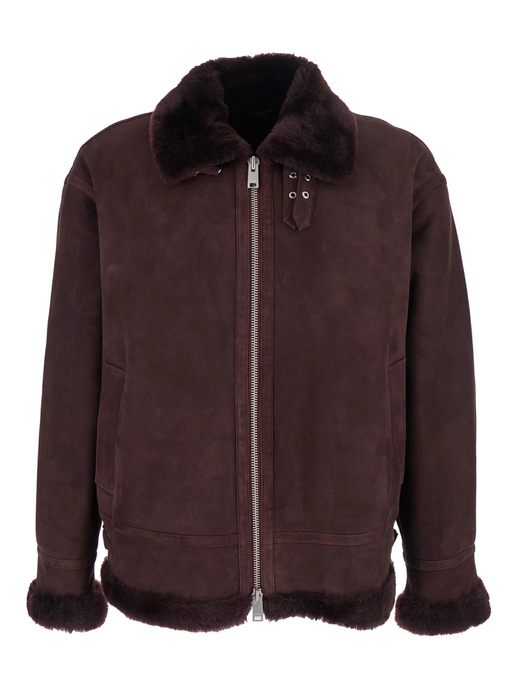 Sano Bordeaux Shearling Jacket with Belt Detail and Fur Trims in Suede Woman