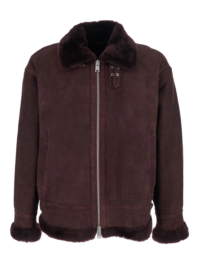 Sano Bordeaux Shearling Jacket with Belt Detail and Fur Trims in Suede Woman