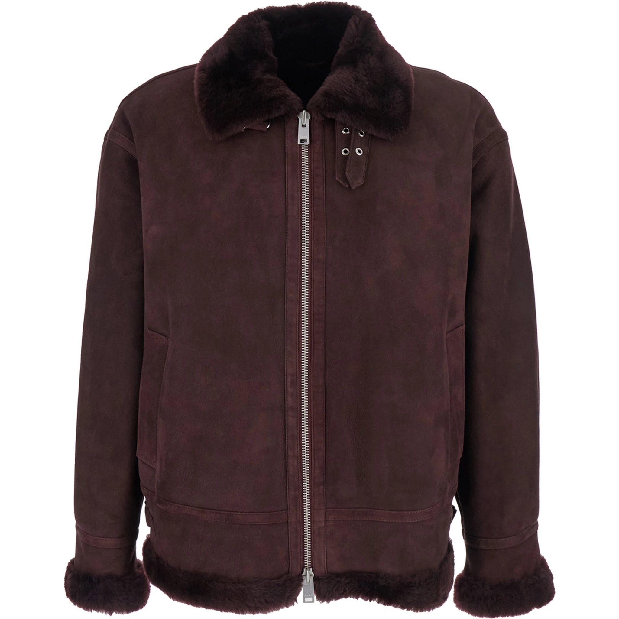Sano Bordeaux Shearling Jacket with Belt Detail and Fur Trims in Suede Woman