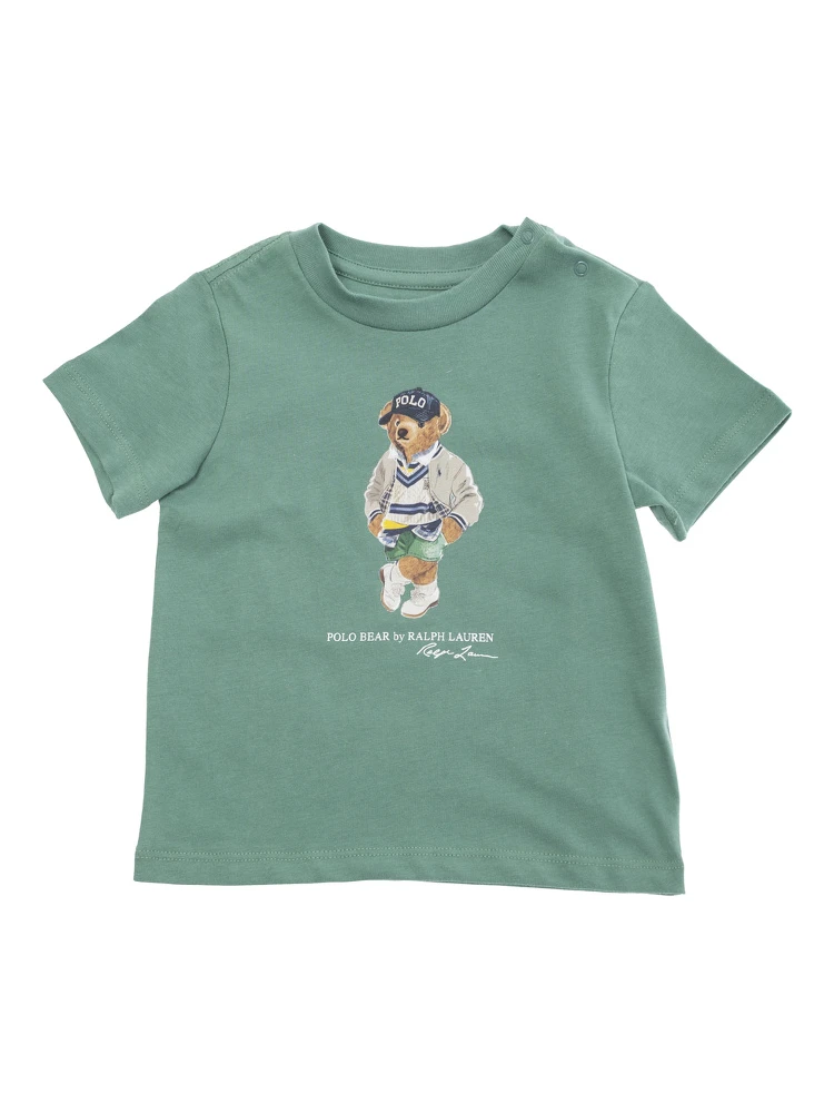 Green Crewneck T-Shirt with Maxi Logo Print on the Front in Cotton Baby