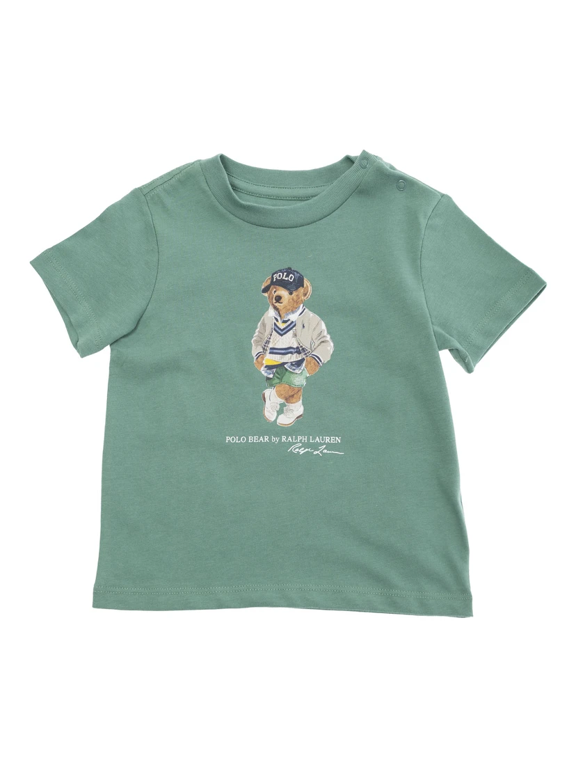 Green Crewneck T-Shirt with Maxi Logo Print on the Front in Cotton Baby