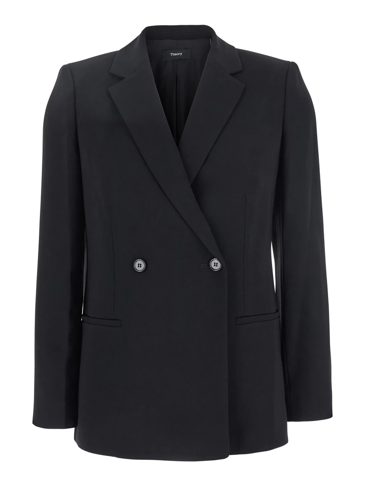 Black Double Breasted Jacket with Shoulder Pads in Tech Fabric Woman