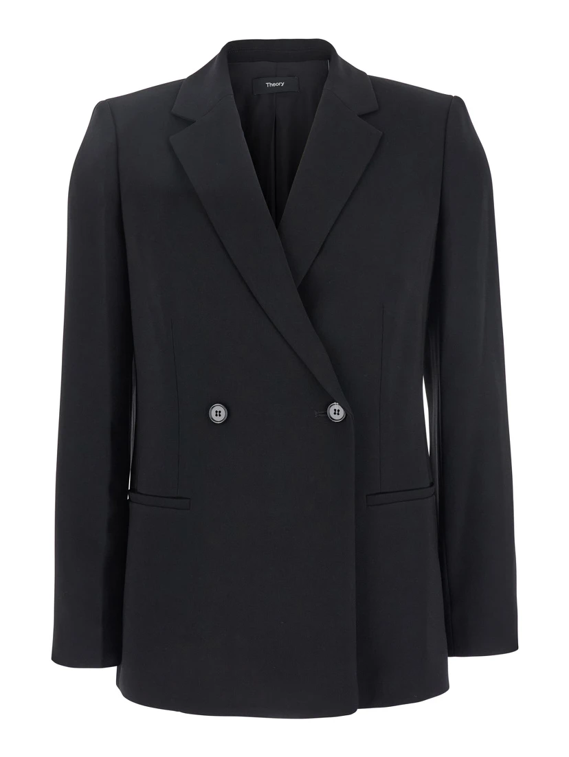 Black Double Breasted Jacket with Shoulder Pads in Tech Fabric Woman