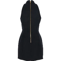 Black Dress with Pointed Collar and Logo Buttons on the Front in Wool Woman