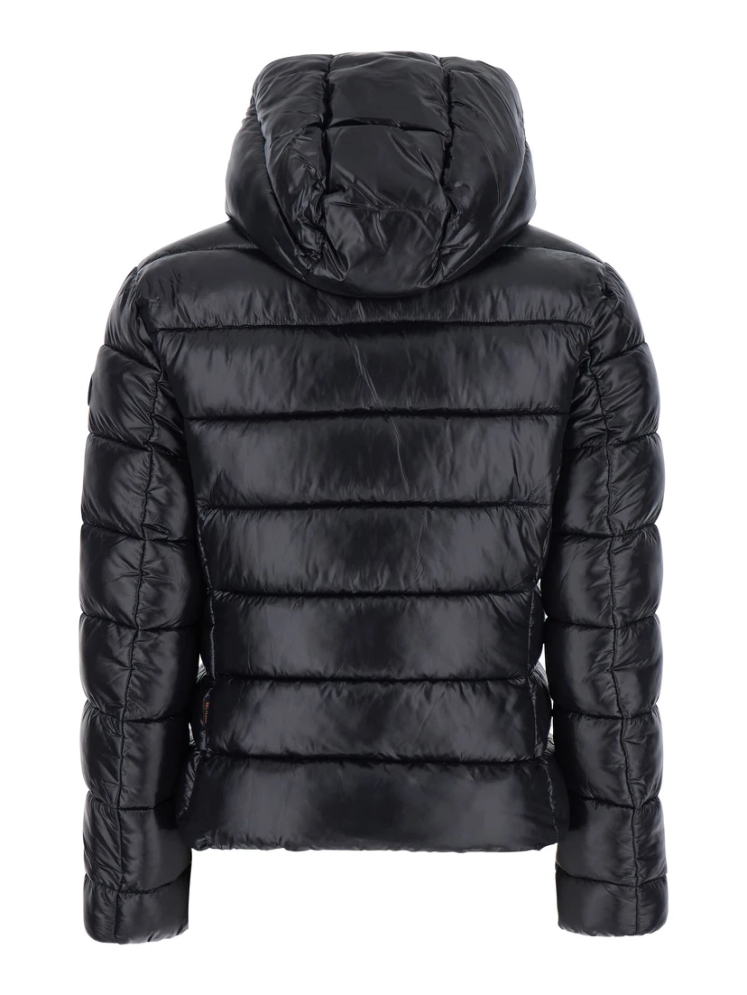 Cosmary Black Down Jacket with Removable Hood and Logo Patch on the Sleeve in Tech Fabric Woman