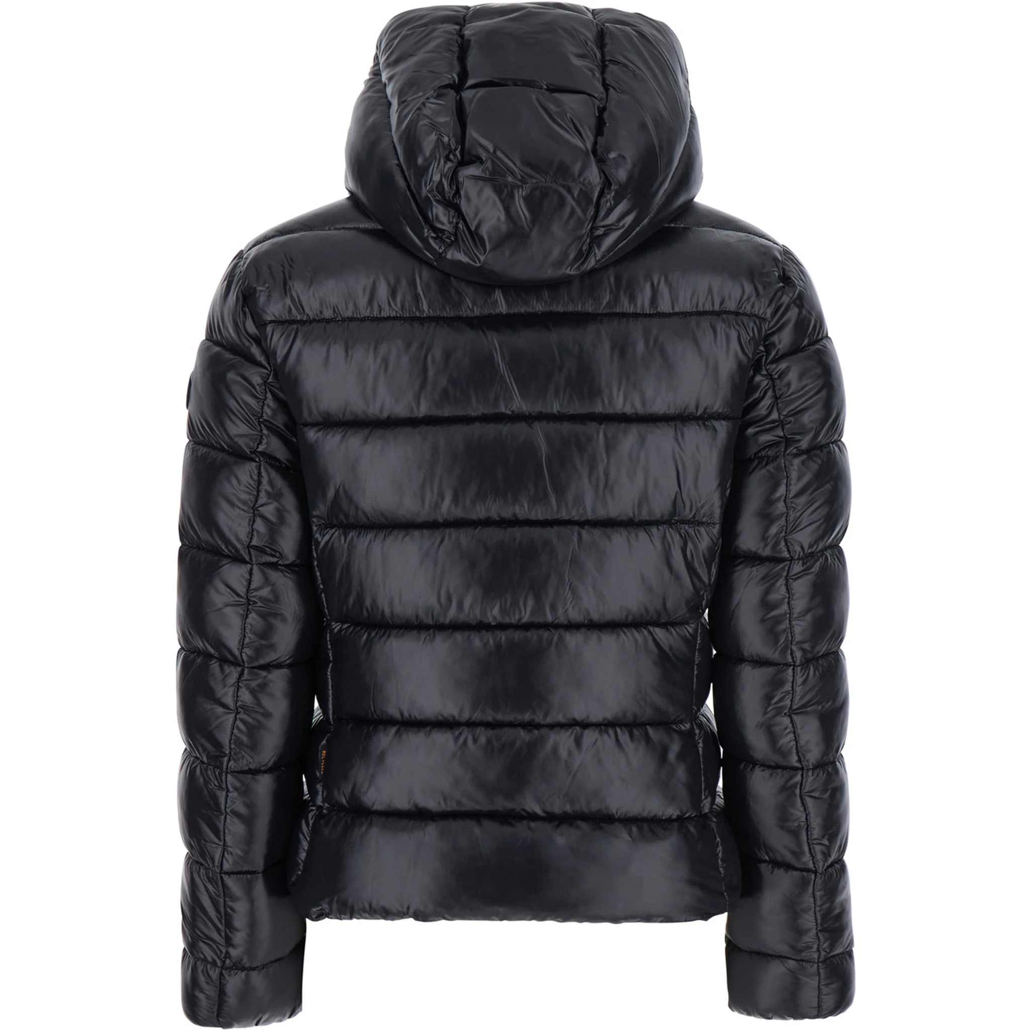 Cosmary Black Down Jacket with Removable Hood and Logo Patch on the Sleeve in Tech Fabric Woman