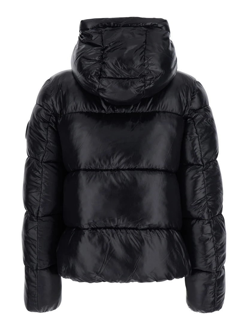Biddy Black Down Jacket with Hood and Logo on the Sleeve in Tech Fabric Woman