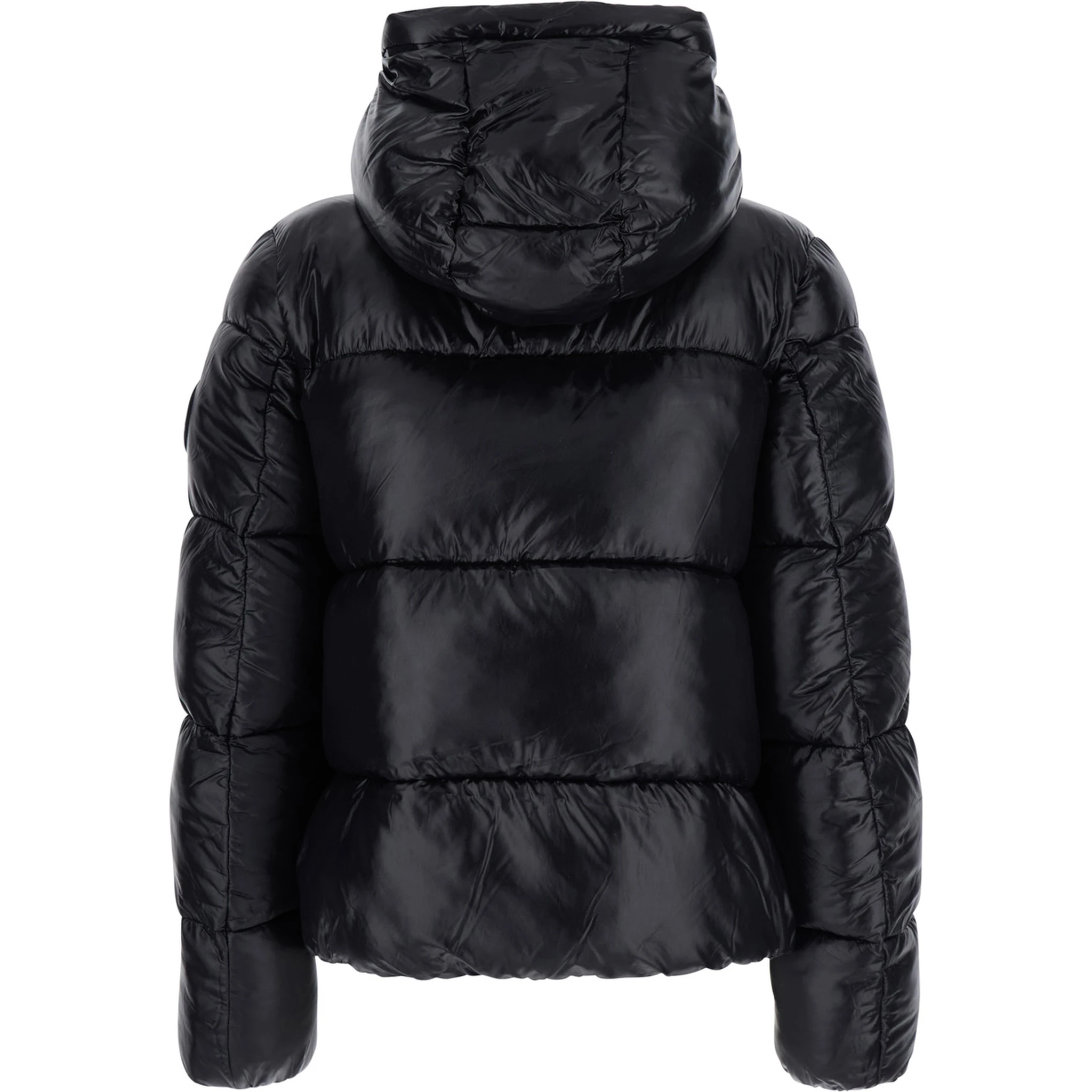 Biddy Black Down Jacket with Hood and Logo on the Sleeve in Tech Fabric Woman