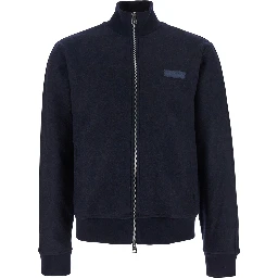 Blue Jacket with High Neck and Logo Patch on the Front in Wool and Cashmere Blend Man