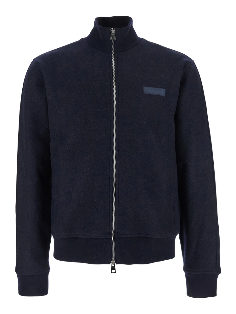 Blue Jacket with High Neck and Logo Patch on the Front in Wool and Cashmere Blend Man