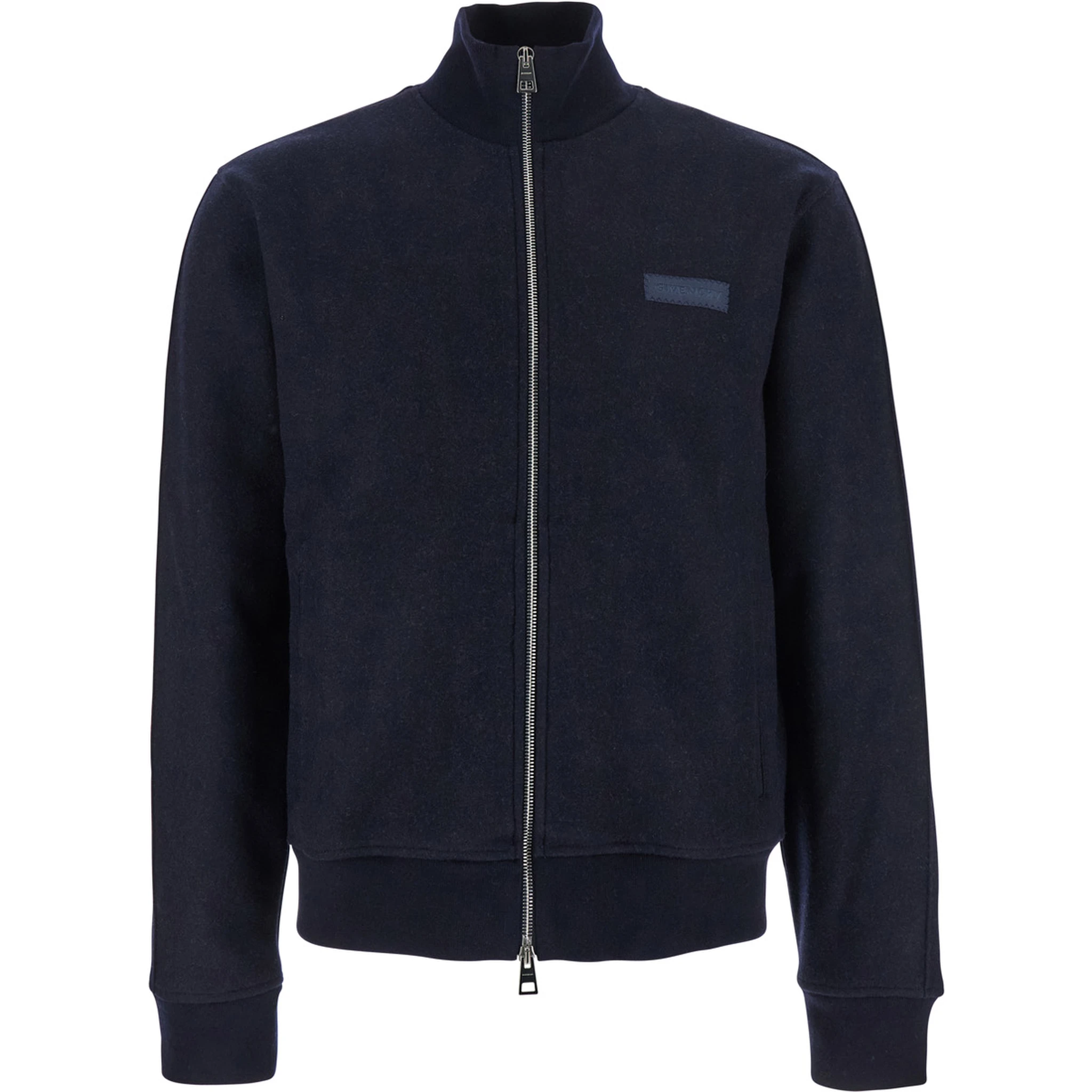 Blue Jacket with High Neck and Logo Patch on the Front in Wool and Cashmere Blend Man