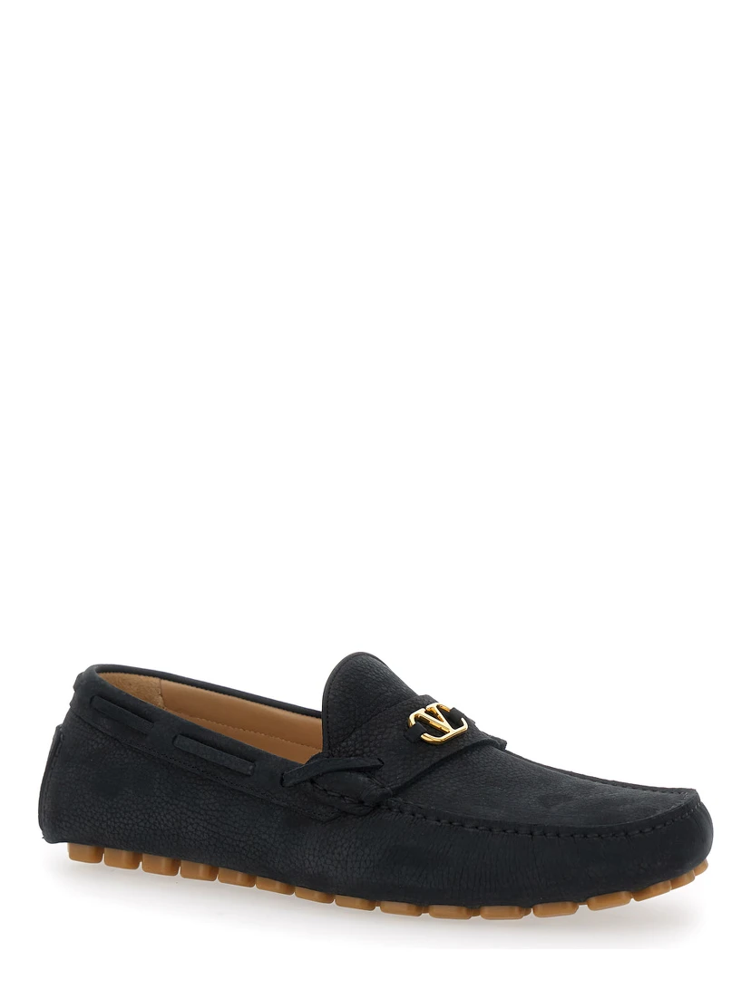 Black Loafers with Round Toe and VLogo Plaque in Suede Man