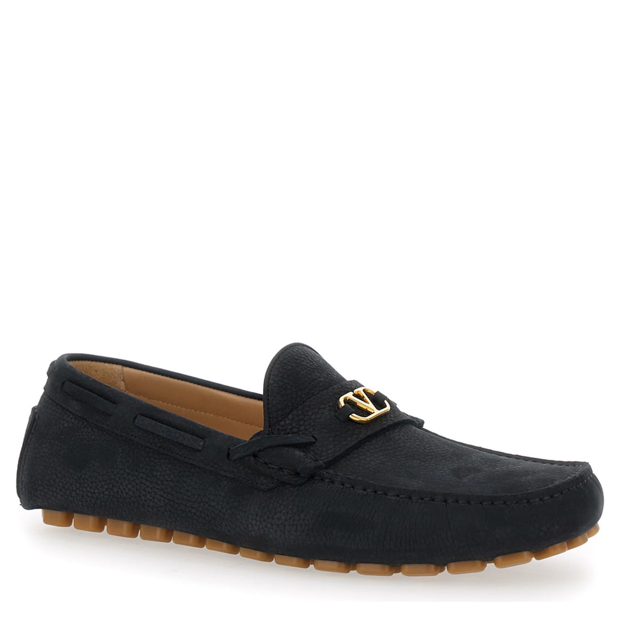 Black Loafers with Round Toe and VLogo Plaque in Suede Man