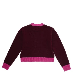 Fuchsia Crewneck Sweater with Logo Lettering on the Front and Contrasting Trims in Wool and Cashmere Woman