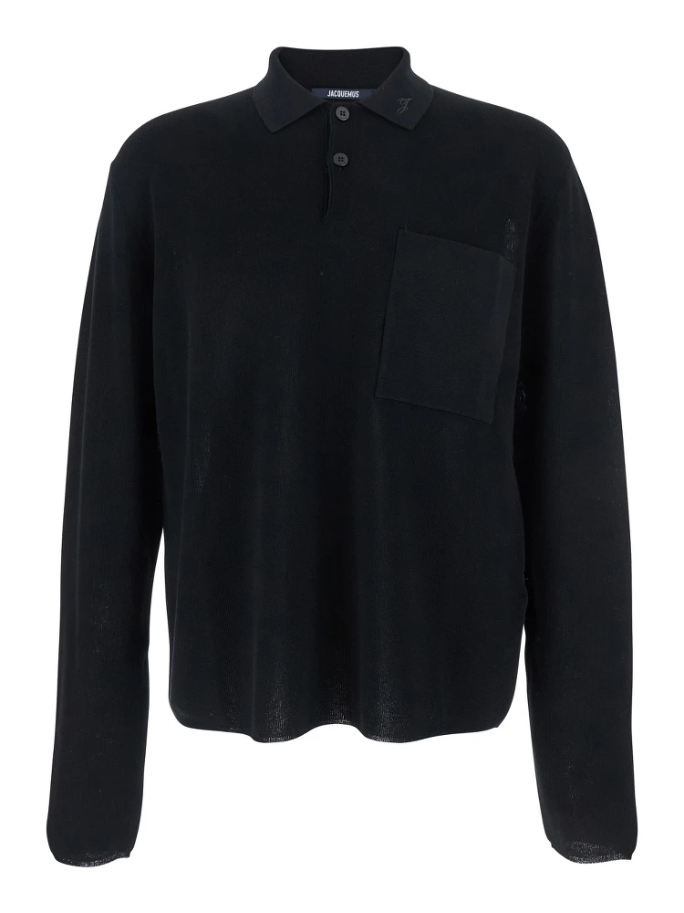 Black Polo Shirt with Tone-on-Tone Logo on Front in Cotton Knit Man
