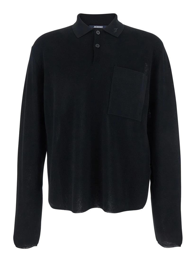 Black Polo Shirt with Tone-on-Tone Logo on Front in Cotton Knit Man