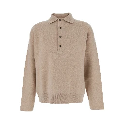 Beige Sweater with Polo Collar and Ribbed Details in Wool Man