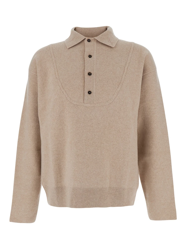 Beige Sweater with Polo Collar and Ribbed Details in Wool Man