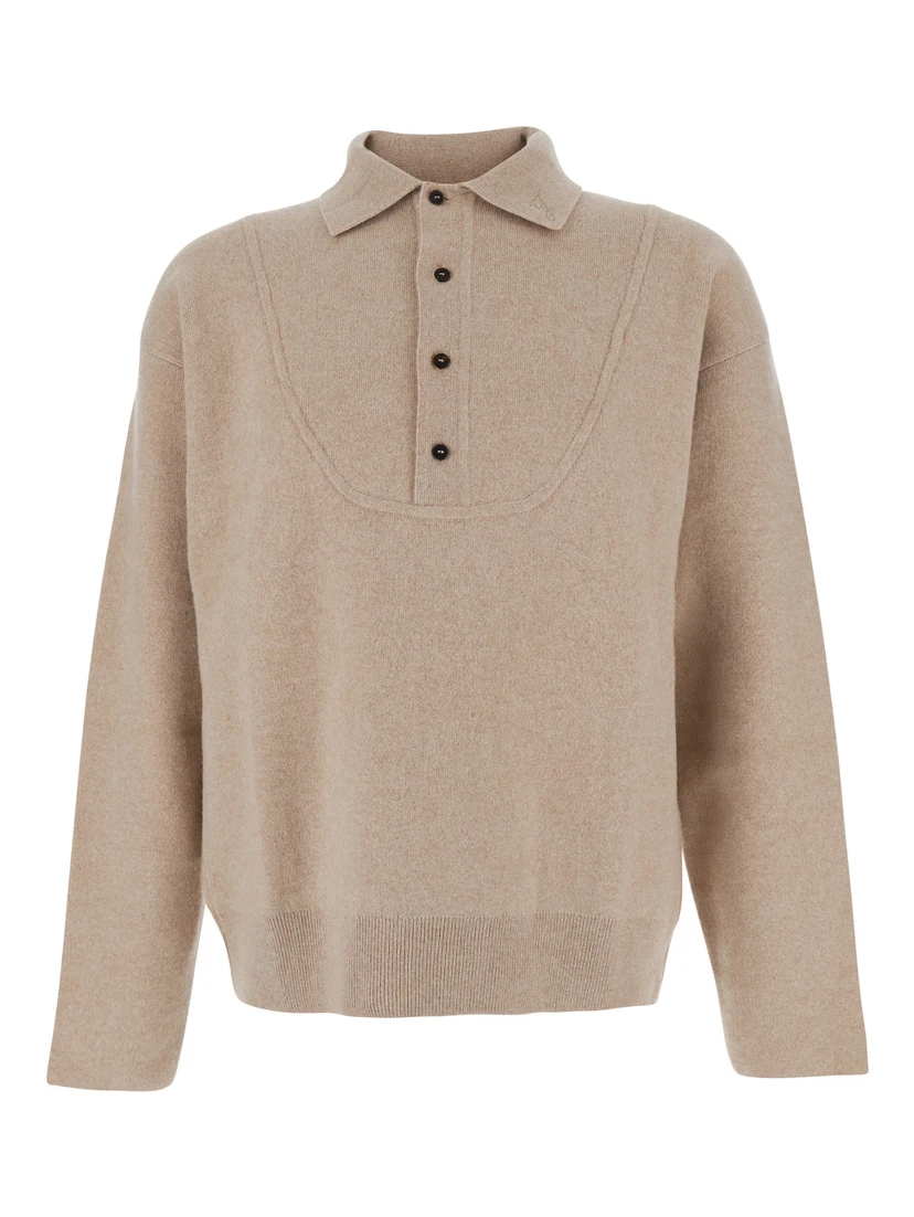 Beige Sweater with Polo Collar and Ribbed Details in Wool Man