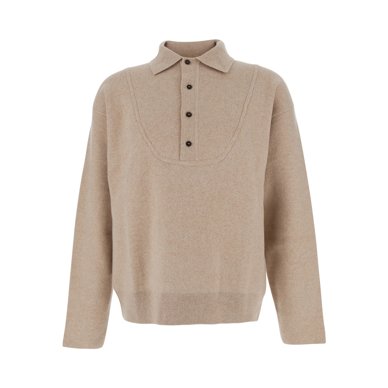 Beige Sweater with Polo Collar and Ribbed Details in Wool Man