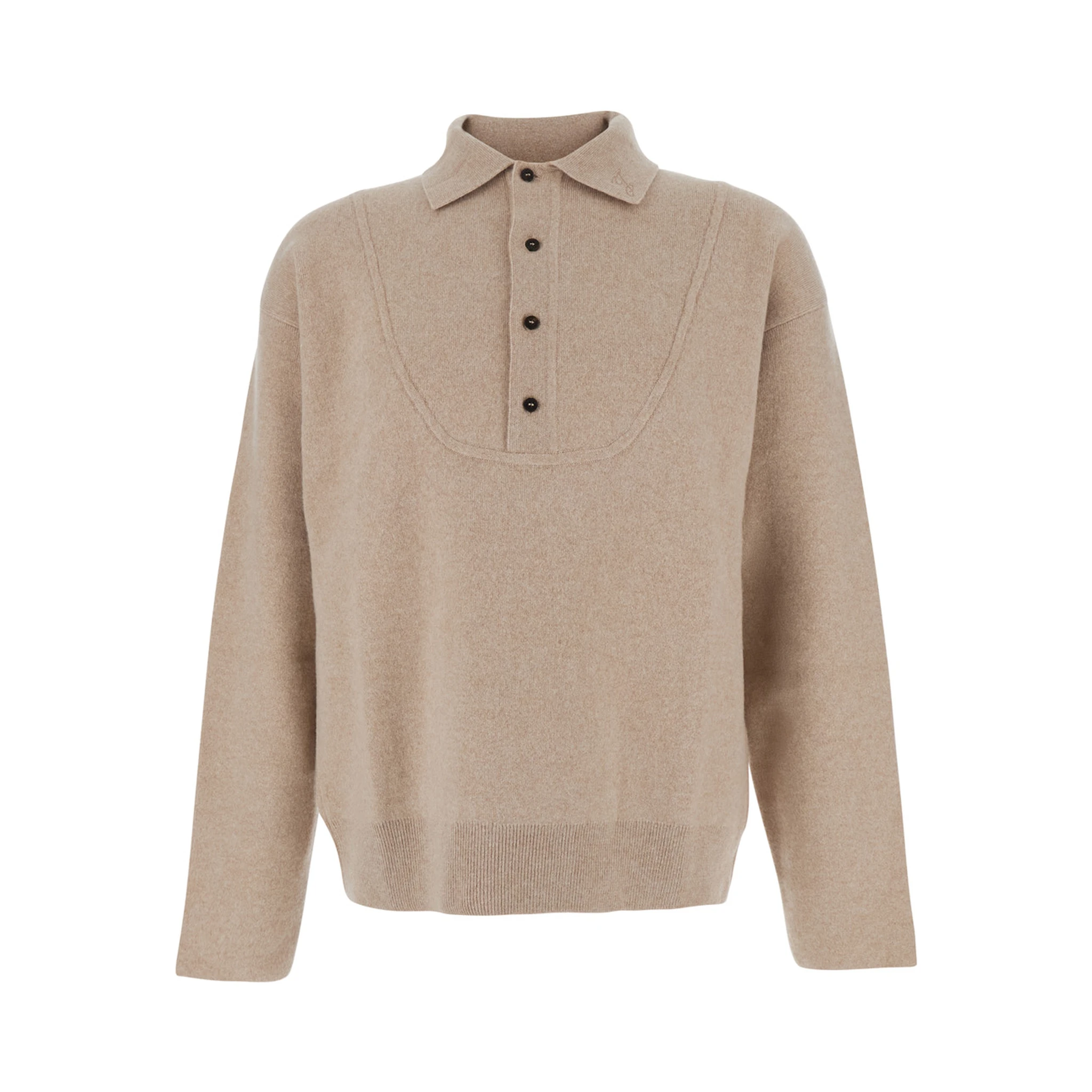 Beige Sweater with Polo Collar and Ribbed Details in Wool Man