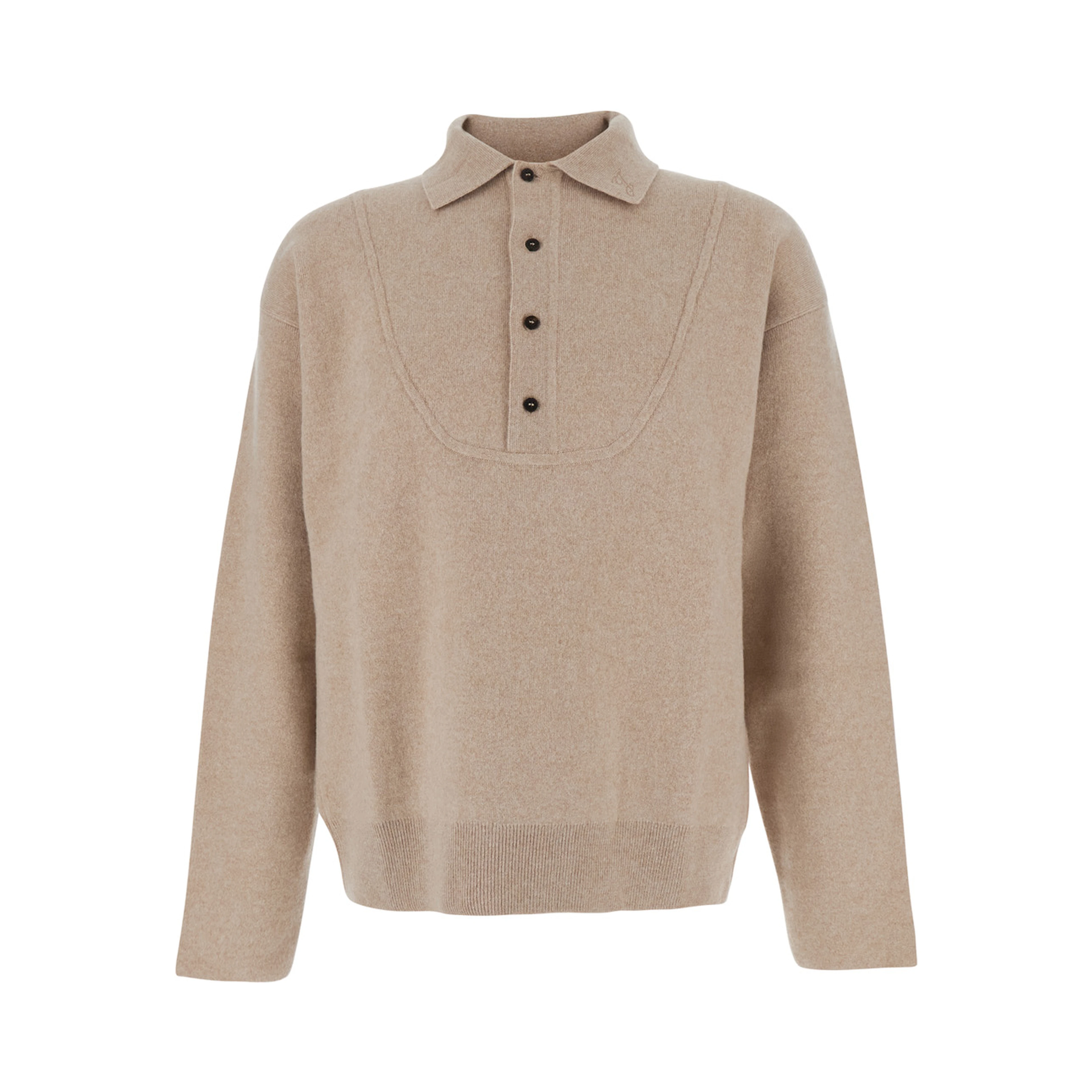 Beige Sweater with Polo Collar and Ribbed Details in Wool Man