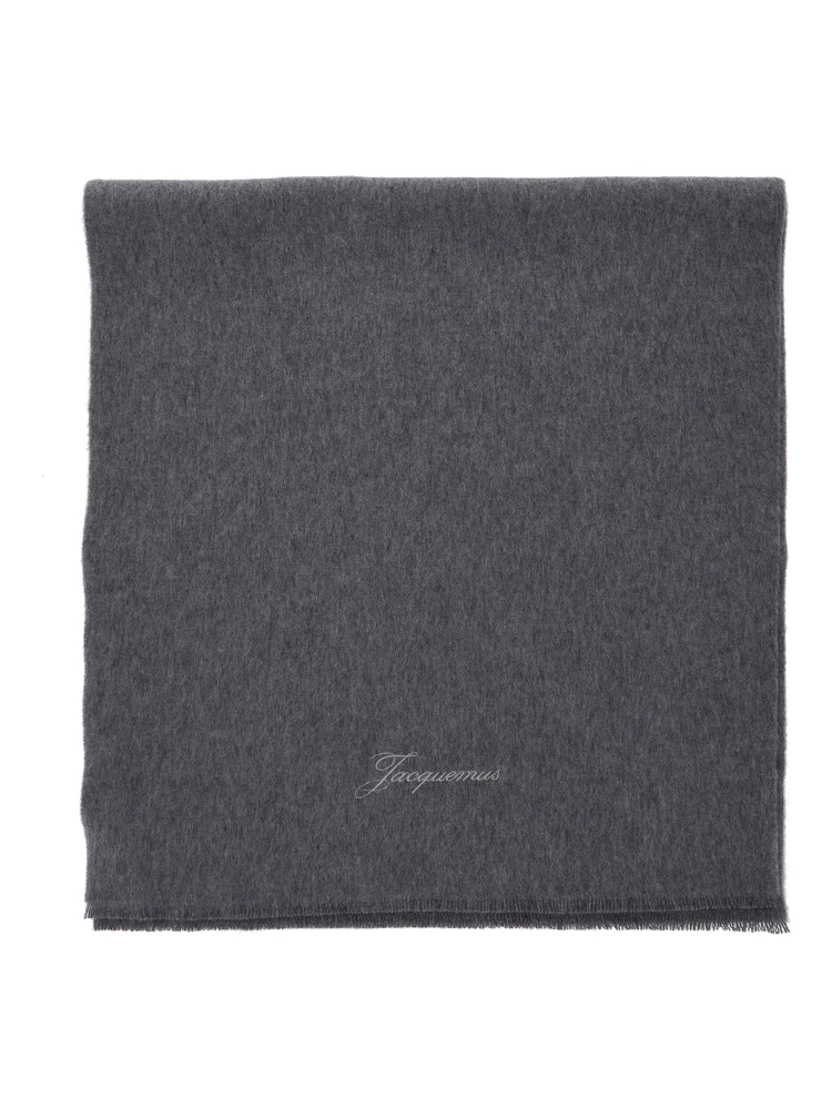 Grey Rectangular Scarf with Logo Lettering on the Front in Wool and Cashmere Woman
