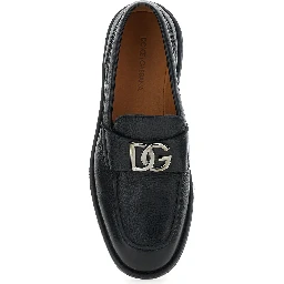 Florio Black Loafers with DG Plaque on the Front in Grained Leather Man