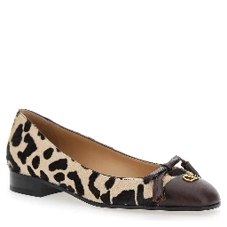 Brown Ballerinas with Vlogo Plaque on Front and Animalier Motif in Leather Woman