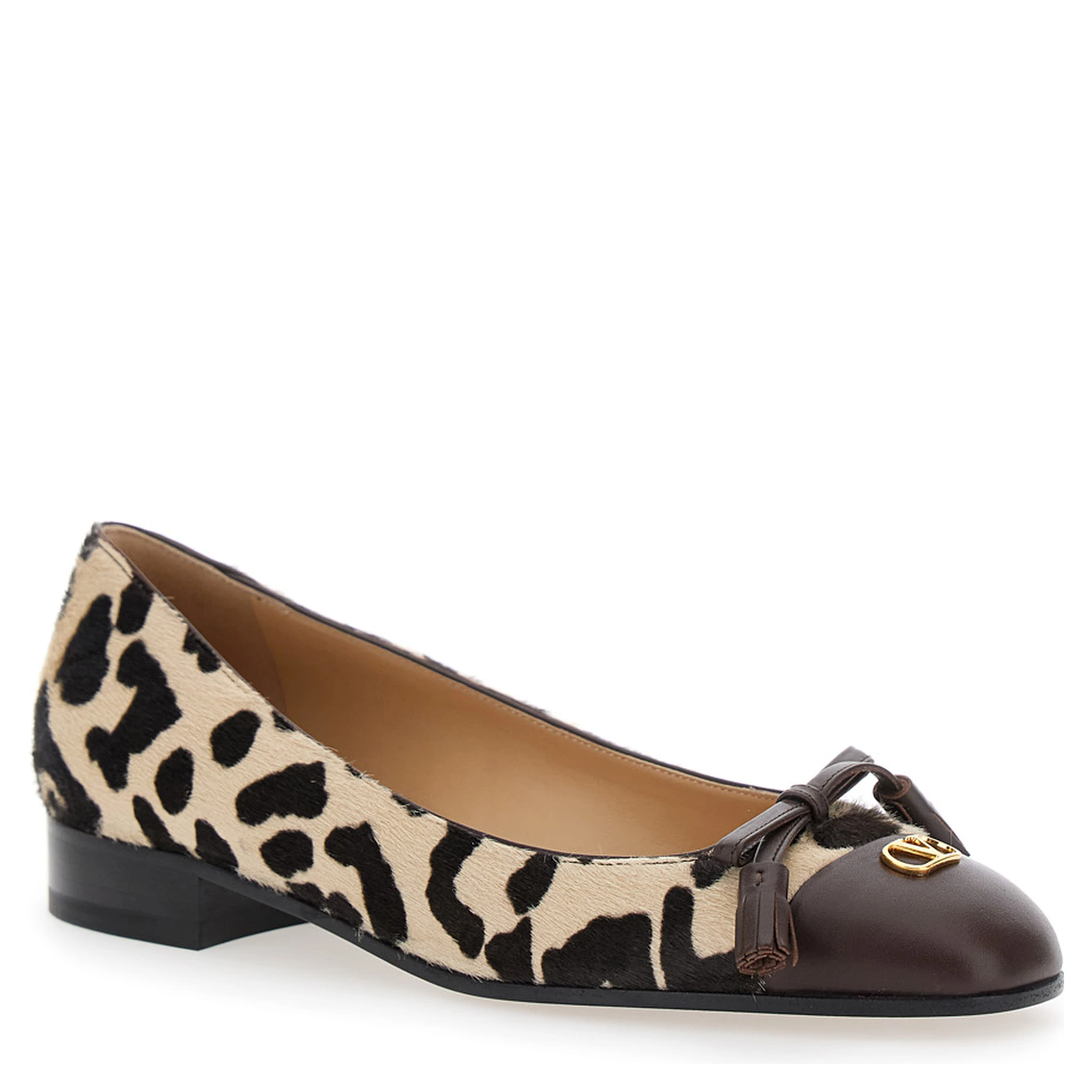 Brown Ballerinas with Vlogo Plaque on Front and Animalier Motif in Leather Woman
