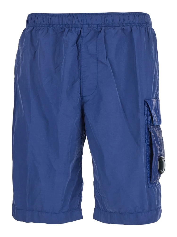 Blue Swim Shorts with Elastic Waist and Logo Plaque on the Side in Tech Fabric Man
