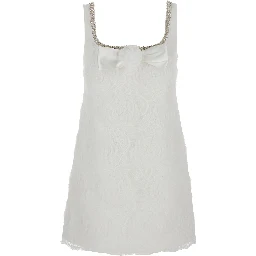White Mini Dress with Square Neck and Bow Detail on the Front in Tech Fabric Woman