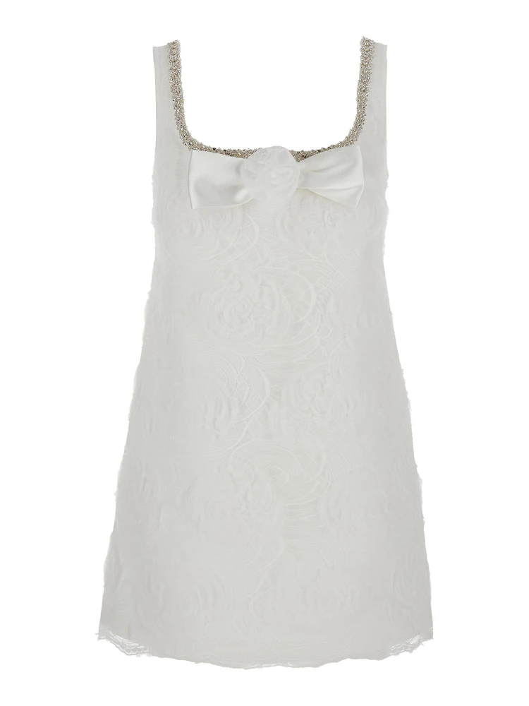 White Mini Dress with Square Neck and Bow Detail on the Front in Tech Fabric Woman