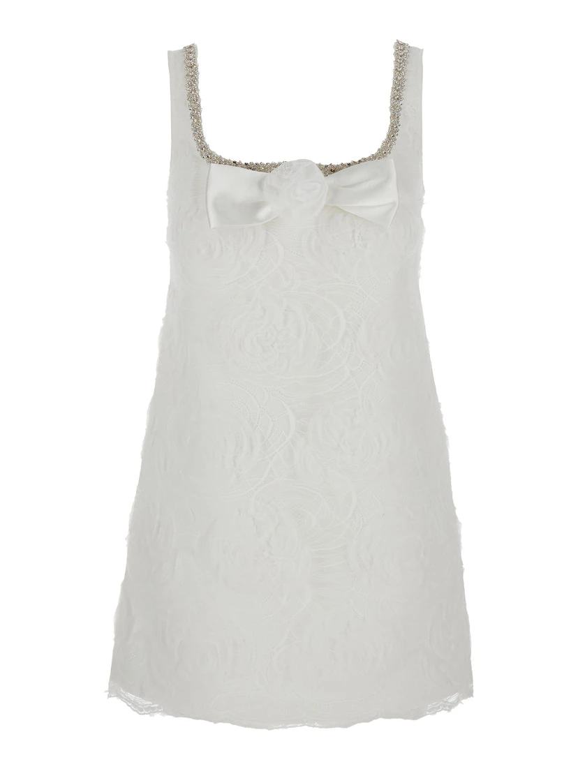 White Mini Dress with Square Neck and Bow Detail on the Front in Tech Fabric Woman
