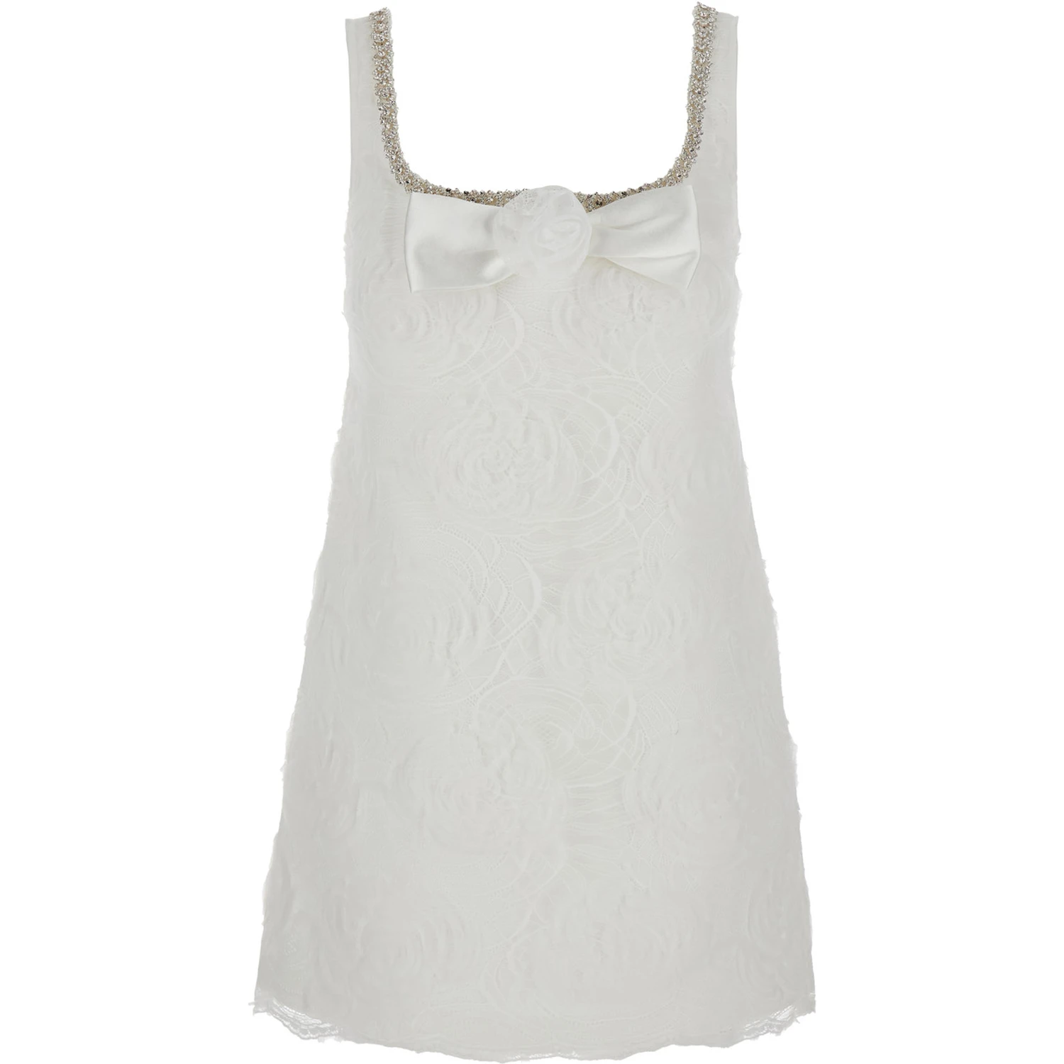 White Mini Dress with Square Neck and Bow Detail on the Front in Tech Fabric Woman