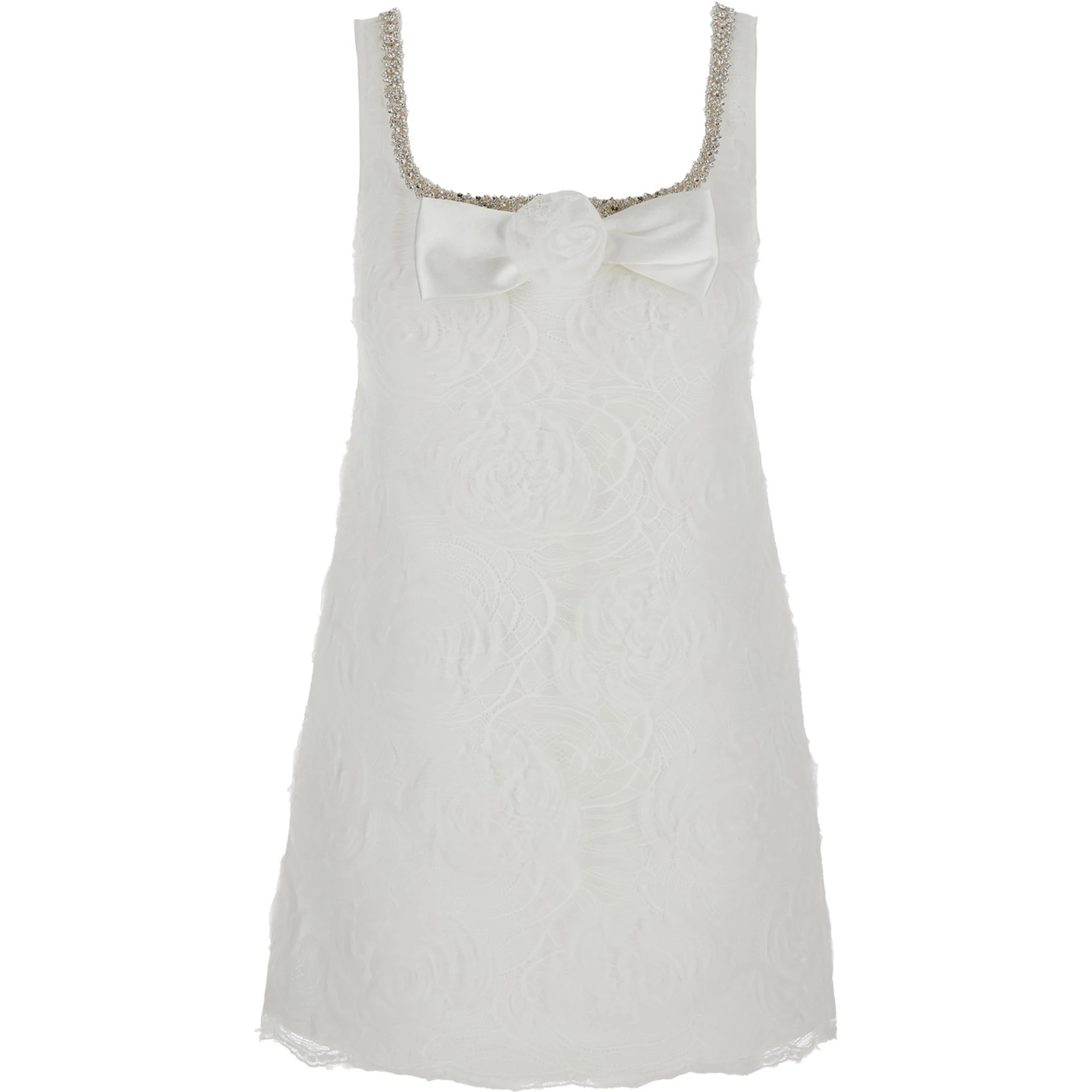 White Mini Dress with Square Neck and Bow Detail on the Front in Tech Fabric Woman