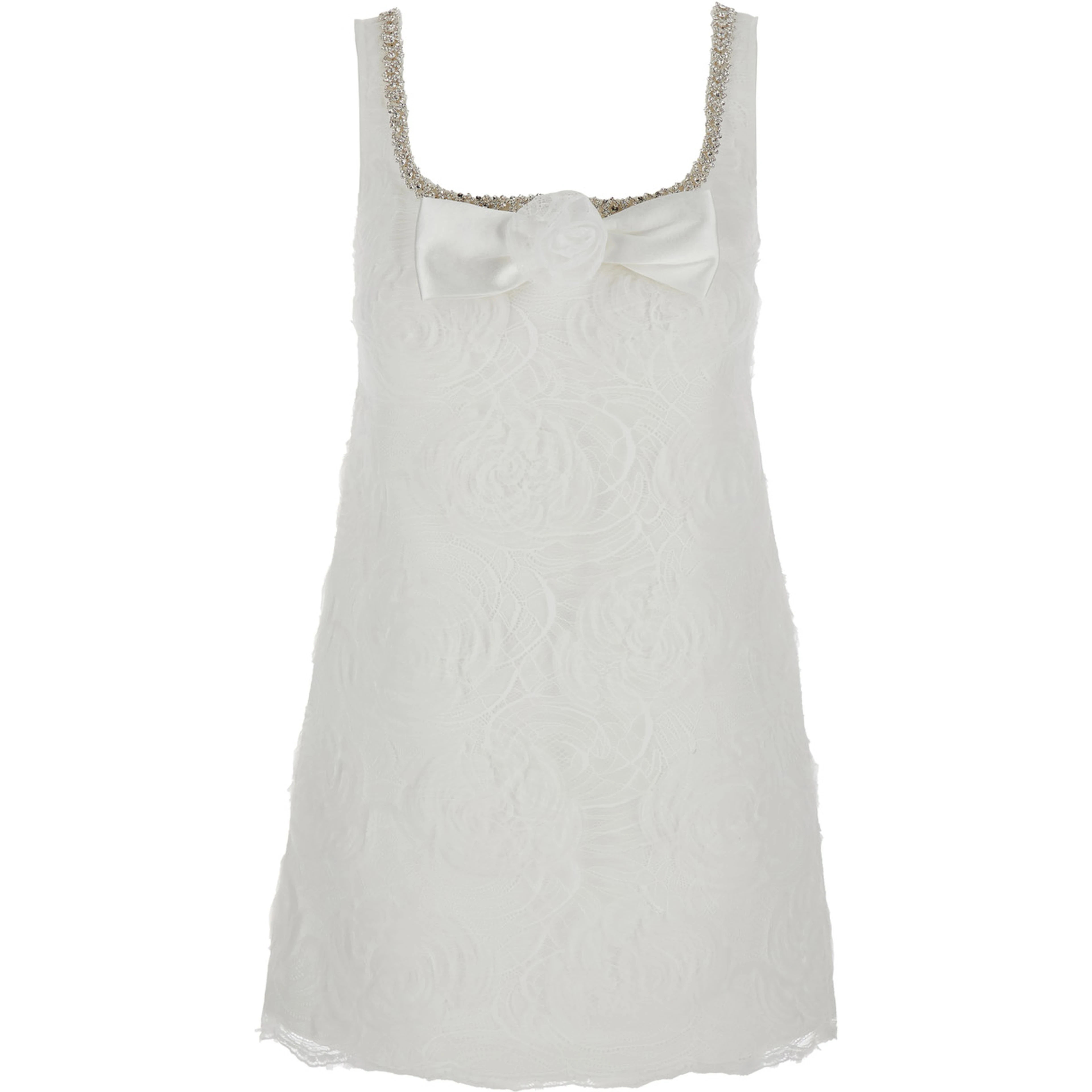 White Mini Dress with Square Neck and Bow Detail on the Front in Tech Fabric Woman