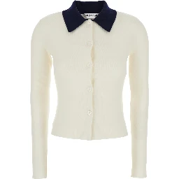 White Cropped Cardigan with Contrasting Collar and Tonal Button Closure in Wool Woman