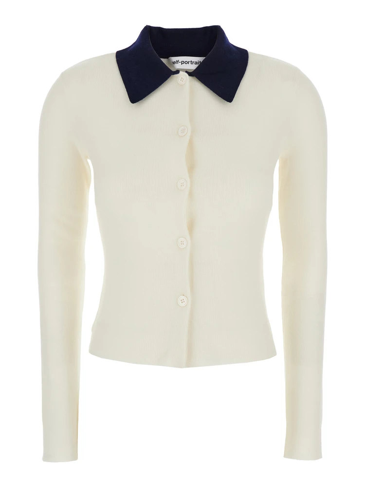 White Cropped Cardigan with Contrasting Collar and Tonal Button Closure in Wool Woman