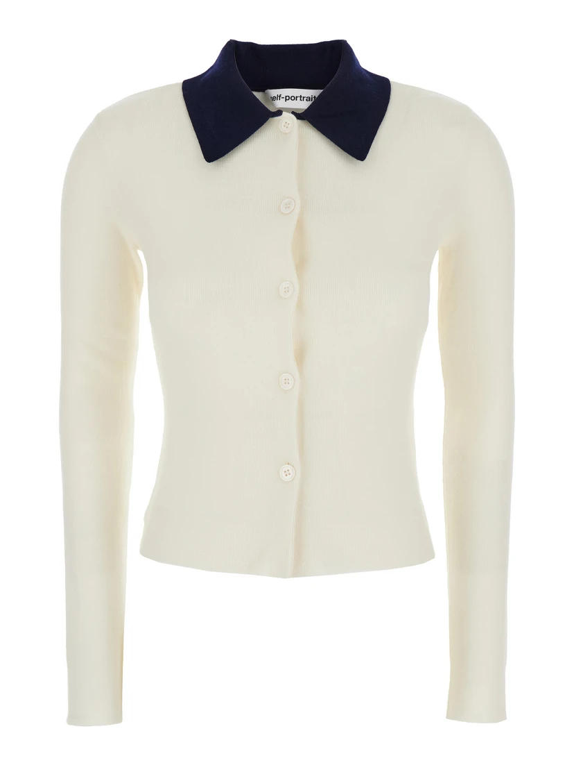 White Cropped Cardigan with Contrasting Collar and Tonal Button Closure in Wool Woman