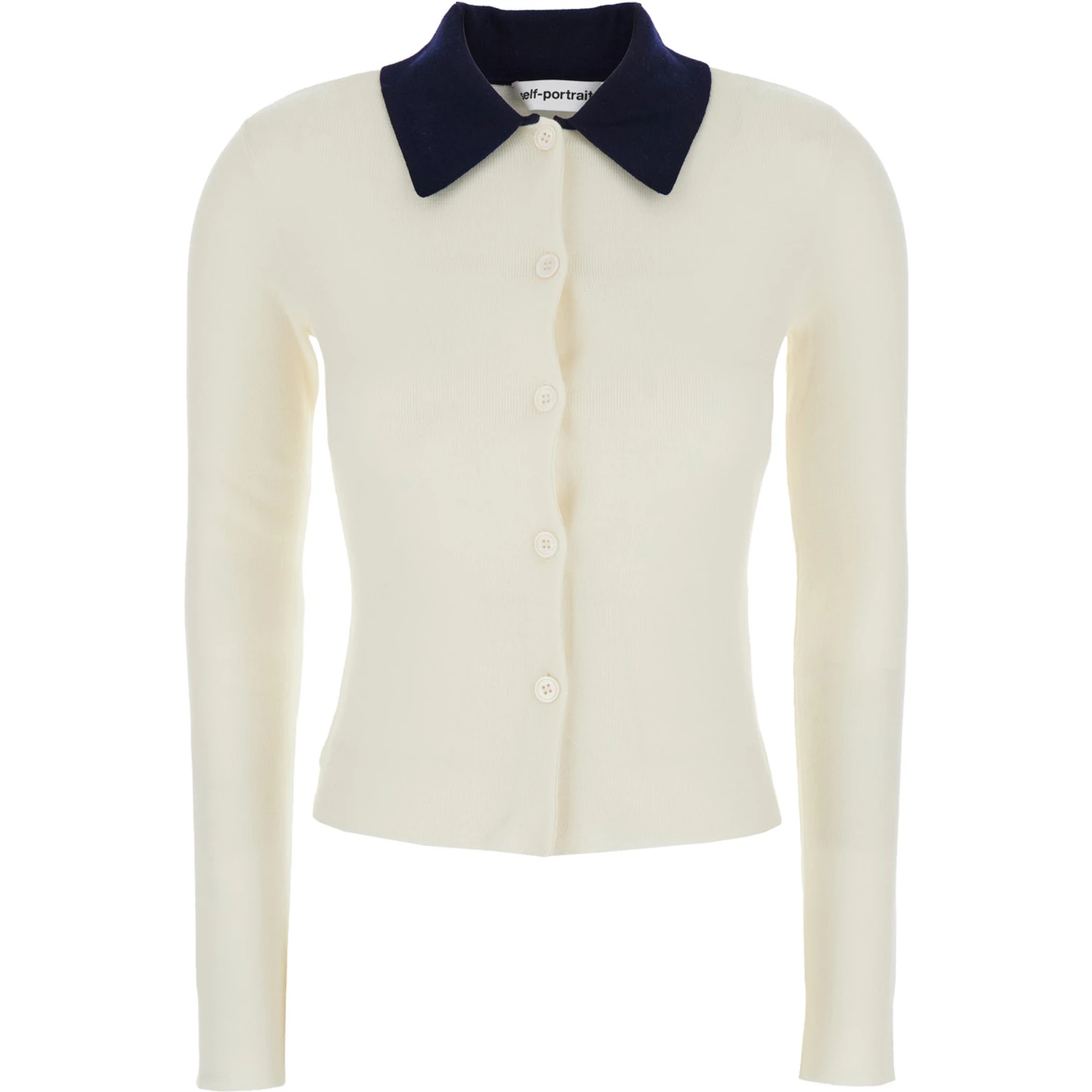 White Cropped Cardigan with Contrasting Collar and Tonal Button Closure in Wool Woman